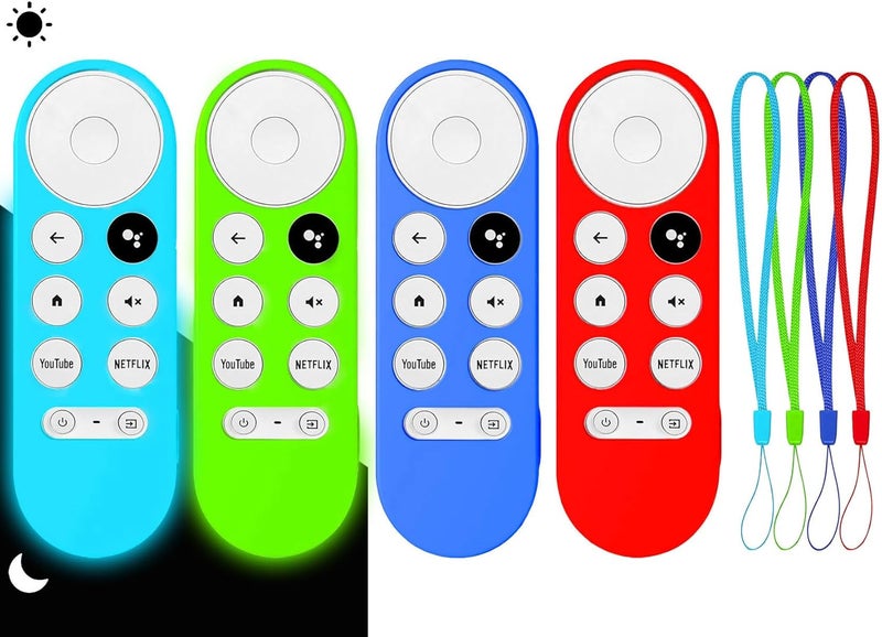 Griscen 4Pcs Remote Case Cover for Chromecast with Google TV 2020/ HD 2022 Remote, Glow Blue+Glow Green+Red(NO emit Light)+Dark Blue(NO emit Light),with 4 Lanyard, Anti Slip Silicone Protective Case - Image 1